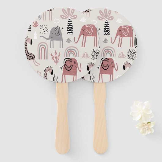 かわいいゾウとキリンの巨人の模様 ハンドファン (正面&裏面)