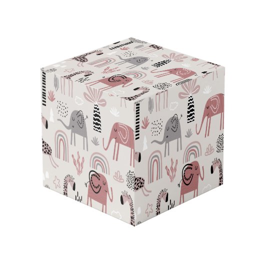 かわいいゾウとキリンの巨人の模様 フォトキューブ (正面アングル)