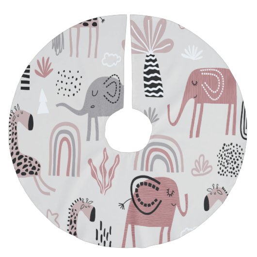 かわいいゾウとキリンの巨人の模様 ブラッシュドポリエステルツリースカート (正面)