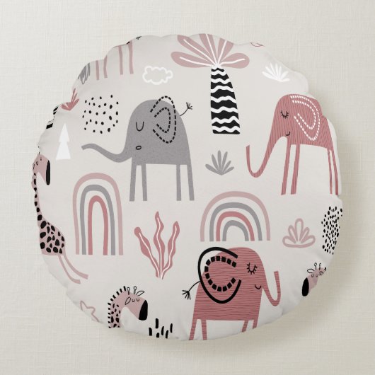 かわいいゾウとキリンの巨人の模様 ラウンドクッション (正面)