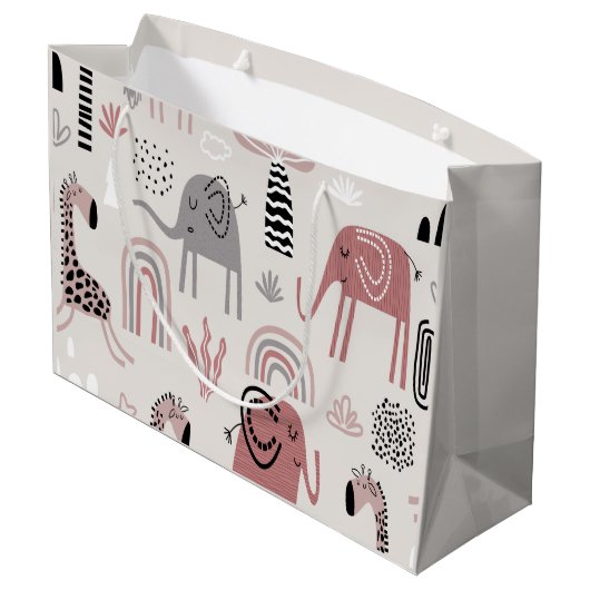 かわいいゾウとキリンの巨人の模様 ラージペーパーバッグ (裏面アングル)