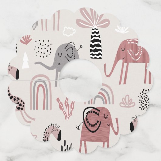 かわいいゾウとキリンの巨人の模様 ワイングラスタグ (正面)