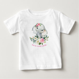 かわいいゾウとソフトピンクの花の1歳誕生日 ベビーTシャツ