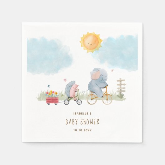 かわいいゾウとハリネズミの赤ちゃんシャワー スタンダードカクテルナプキン (正面)