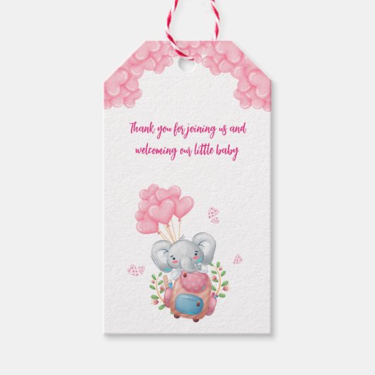 かわいいゾウとピンクバルーンありがとうラベル ギフトタグ (正面)