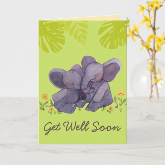 かわいいゾウと勇気付けられるがグリーンCに カード (黄色い花)