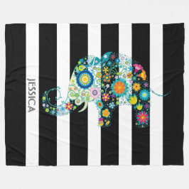 かわいいゾウと白黒のストライプ フリースブランケット