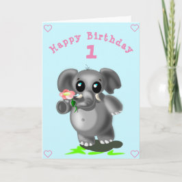 かわいいゾウと花の誕生日 カード