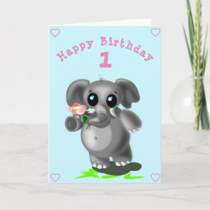 かわいいゾウと花の誕生日 カード