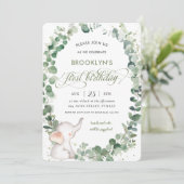 かわいいゾウのエレガントグリーン 1歳の誕生日 招待状 (スタンド正面)