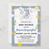 かわいいゾウのカブの花の赤ちゃんシャワー子供たち 招待状 (正面)