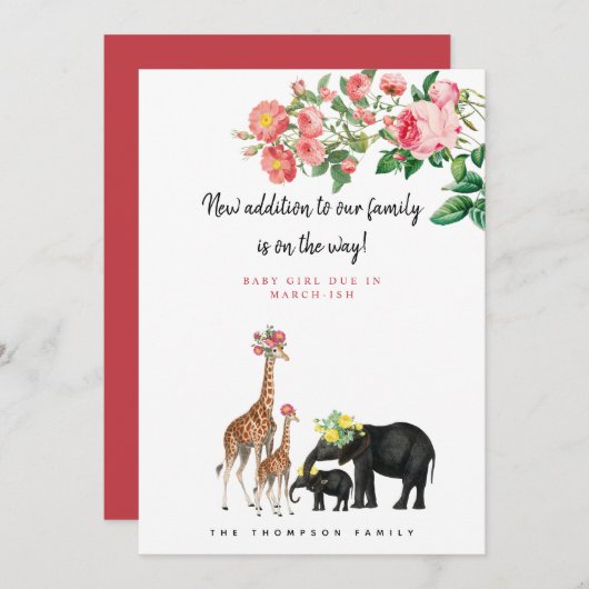 かわいいゾウのキリンフローラ妊娠の発表 招待状 (正面/裏面)