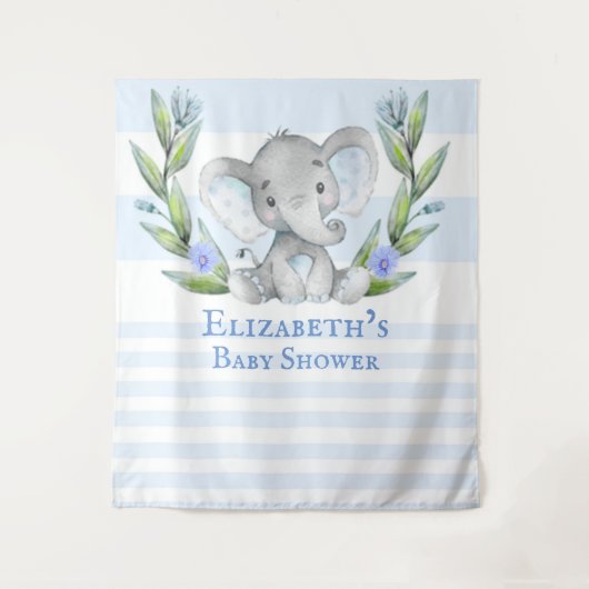 かわいいゾウのグリーンリース男の子ベビーシャワー写真撮影 タペストリー (正面)
