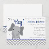 かわいいゾウのシェブロンネイビーブルー出産祝い 招待状 (正面/裏面)
