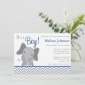 かわいいゾウのシェブロンネイビーブルー出産祝い 招待状 (スタンド正面)