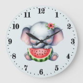 かわいいゾウのスイカ好き ラージ壁時計 (正面)