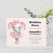 かわいいゾウのバレリーナ ピンク＆グレー 誕生日 招待状 (スタンド正面)