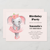 かわいいゾウのバレリーナ ピンク＆グレー 誕生日 招待状 (正面/裏面)