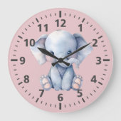 かわいいゾウのピンクのグレー ラージ壁時計 (正面)