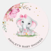 かわいいゾウのピンクの花のベビーシャワー ラウンドシール (正面)