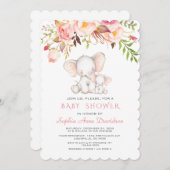 かわいいゾウのピンクの花の女の子のベビーシャワー 招待状 (正面/裏面)