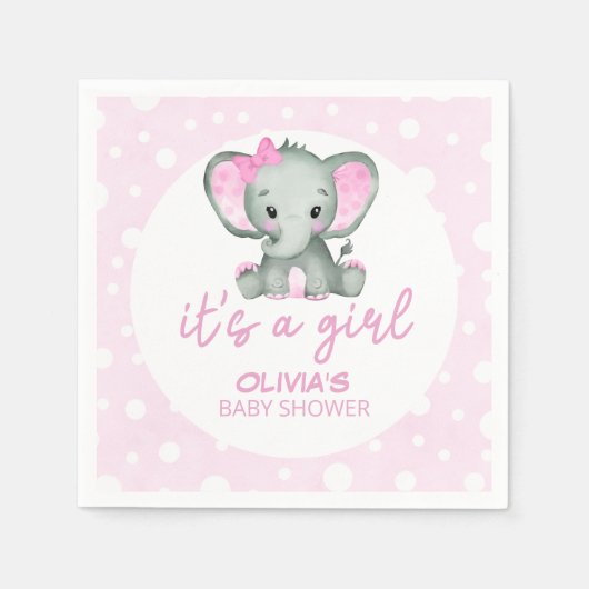 かわいいゾウのピンク女の子の赤ちゃんシャワー スタンダードカクテルナプキン (正面)