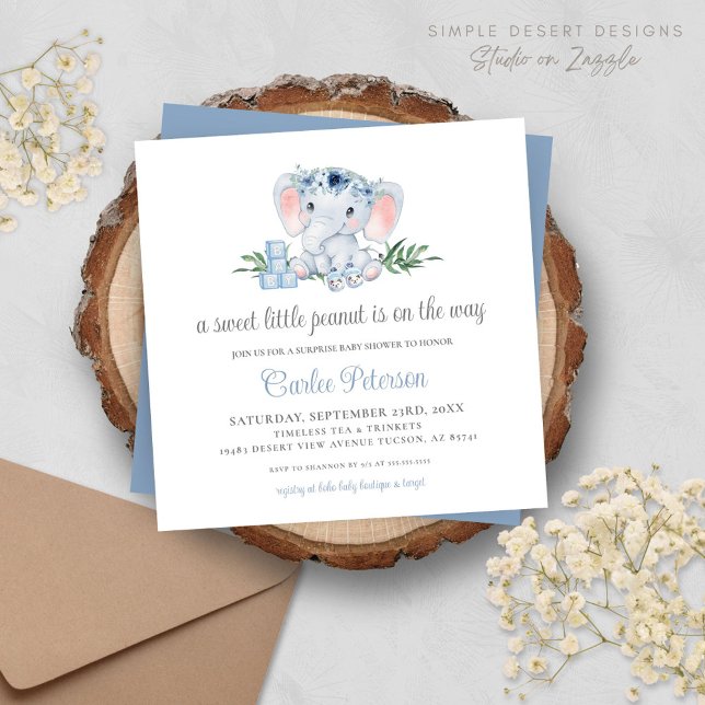 かわいいゾウのブルーボーイ ベビーシャワー招待状 (Cute Elephant Baby Shower Invitation with Blue Floral Vintage Vibes, Script and Typography)