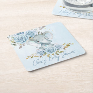 かわいいゾウのベビーシャワー Baby Blue Floral スクエアペーパーコースター