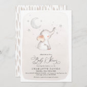 かわいいゾウのベージュ男女兼用ベビシャワー 招待状 (正面/裏面)