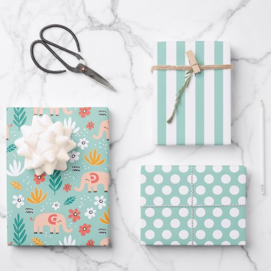 かわいいゾウのラッピング紙セット3 ラッピングペーパーシート (正面)