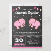 かわいいゾウの双子ちゃんの誕生日パーティー招待状 招待状 (正面)