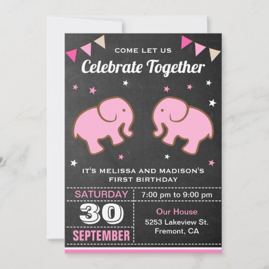 かわいいゾウの双子ちゃんの誕生日パーティー招待状 招待状 (正面)