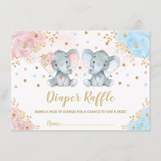 かわいいゾウの双子 男の子 女の子 赤ちゃん おむつくじ エンクロージャーカード (正面)