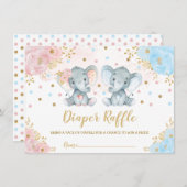 かわいいゾウの双子 男の子 女の子 赤ちゃん おむつくじ エンクロージャーカード (正面/裏面)