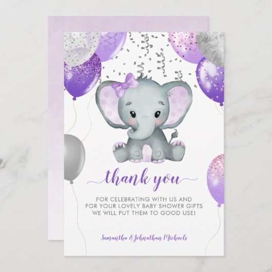 かわいいゾウの女の子バルーン サンキューカード (正面/裏面)