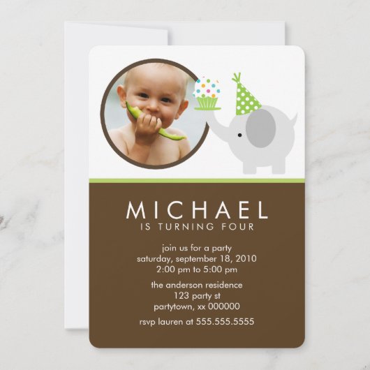 かわいいゾウの子供の写真の誕生日パーティー 招待状 (正面)