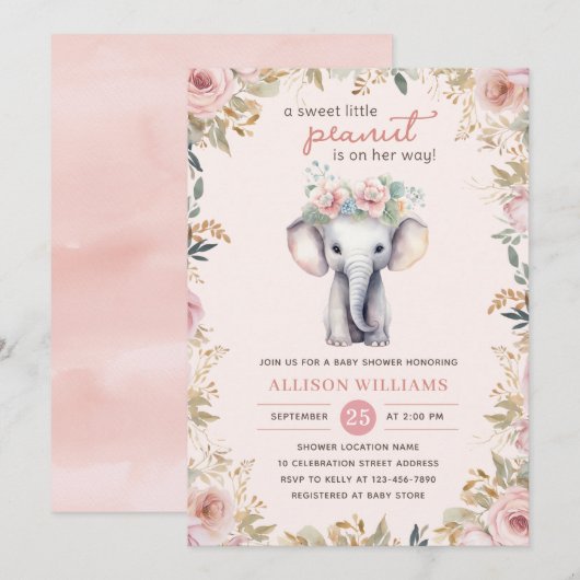 かわいいゾウの水彩花の女の子のベビーシャワー 招待状 (正面/裏面)