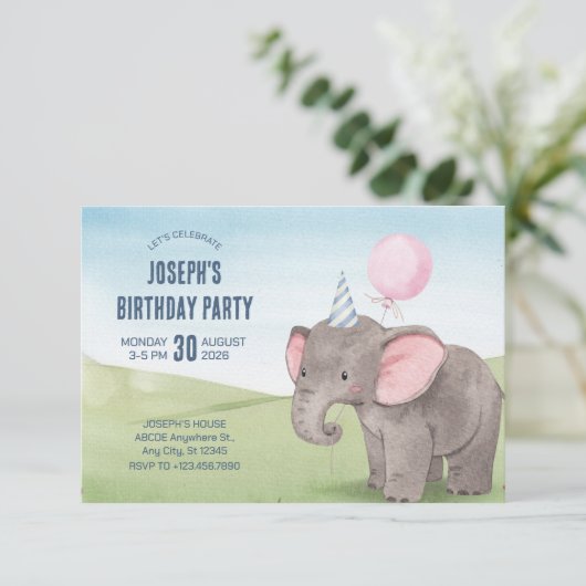 かわいいゾウの水彩誕生日 招待状 (スタンド正面)