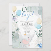 かわいいゾウの水彩風船 赤ちゃん歓迎会 男の子 招待状 (正面)