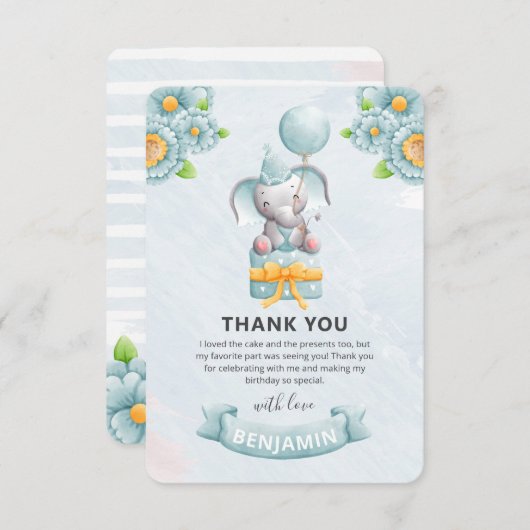 かわいいゾウの男の子の誕生日パーティー サンキューカード (正面/裏面)
