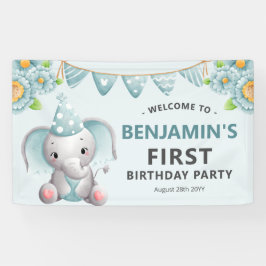 かわいいゾウの男の子1歳の誕生日パーティーバナー 横断幕