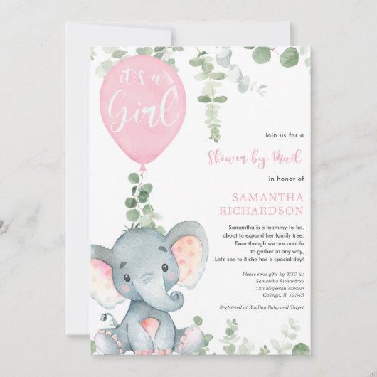 かわいいゾウの緑の女の子が郵便でシャワー 招待状 (正面)
