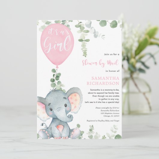 かわいいゾウの緑の女の子が郵便でシャワー 招待状 (スタンド正面)