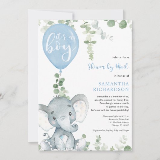 かわいいゾウの緑の少年が郵便でシャワーを浴びる 招待状 (正面)