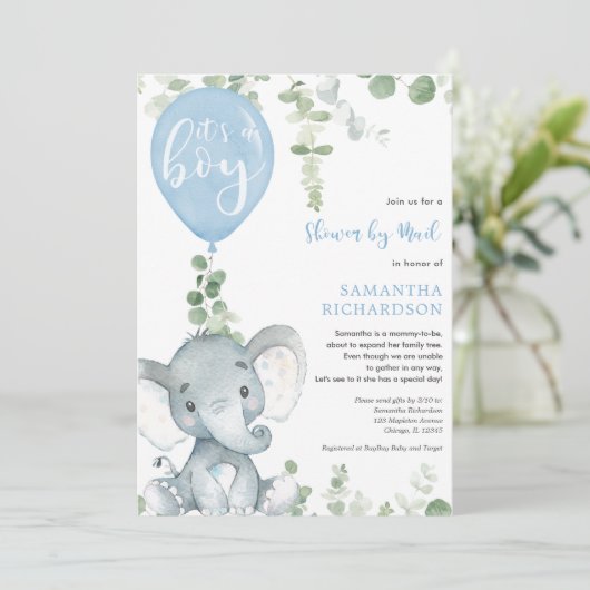 かわいいゾウの緑の少年が郵便でシャワーを浴びる 招待状 (スタンド正面)