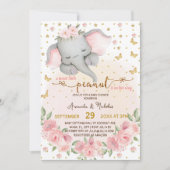 かわいいゾウの花星月赤ちゃん女の子のシャワー 招待状 (正面)