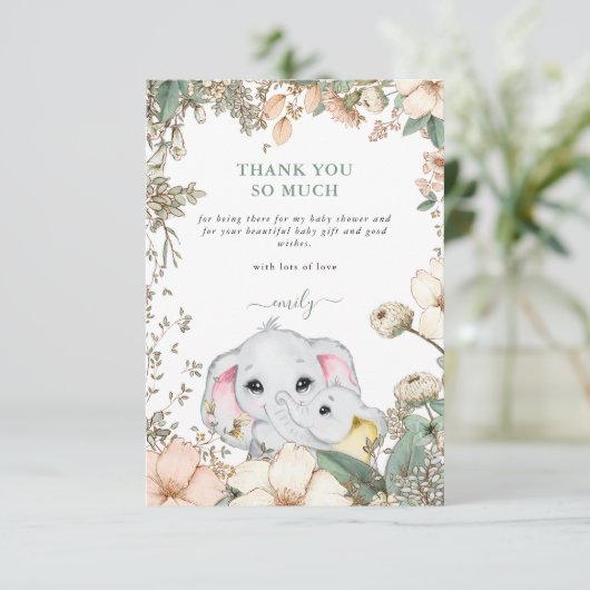 かわいいゾウの葉セージ緑の赤ちゃんシャワー サンキューカード (スタンド正面)