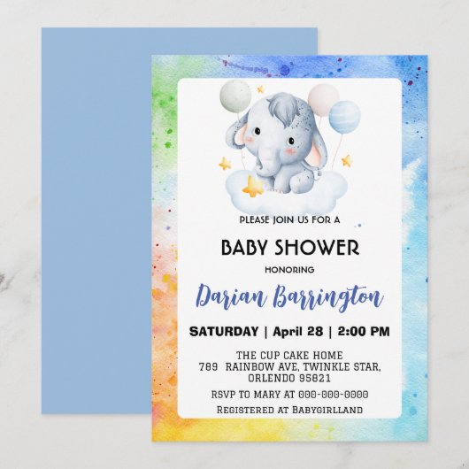 かわいいゾウの赤ちゃん クマのベビーシャワー 子供 男の子 招待状 (正面/裏面)