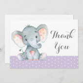 かわいいゾウの赤ちゃん 女の子 パープルとグレー サンキューカード (正面/裏面)