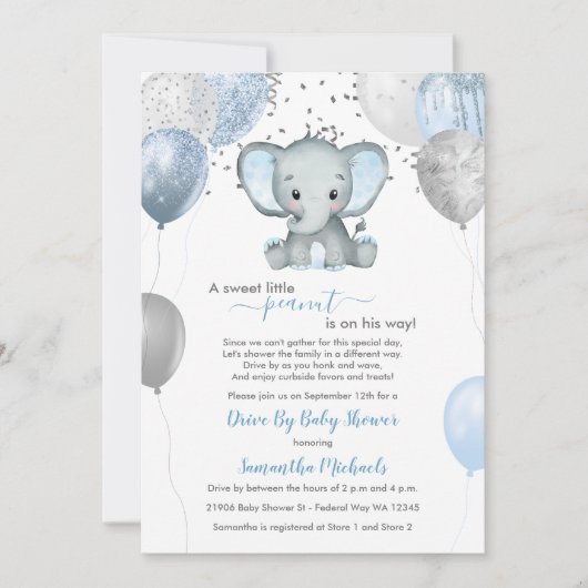 かわいいゾウの風船が赤ちゃんシャワーでドライブ 招待状 (正面)